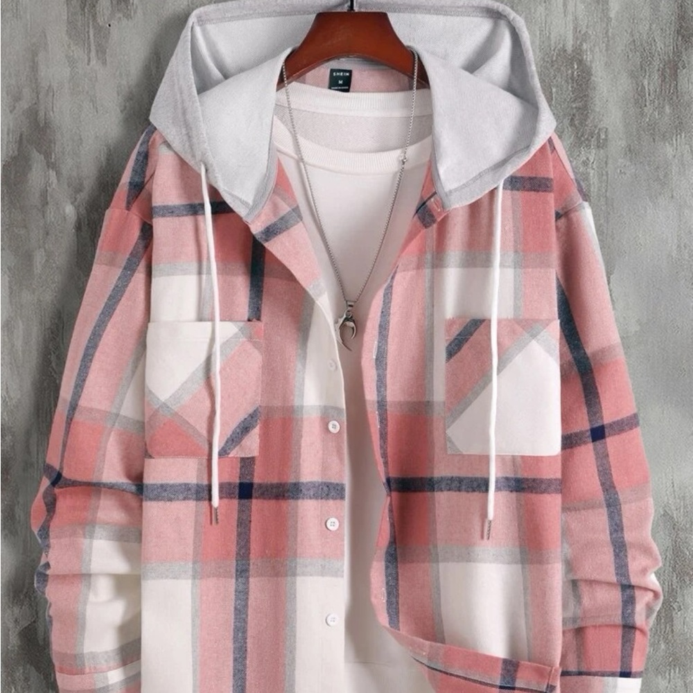 Men plaid drawstring hooded shirt